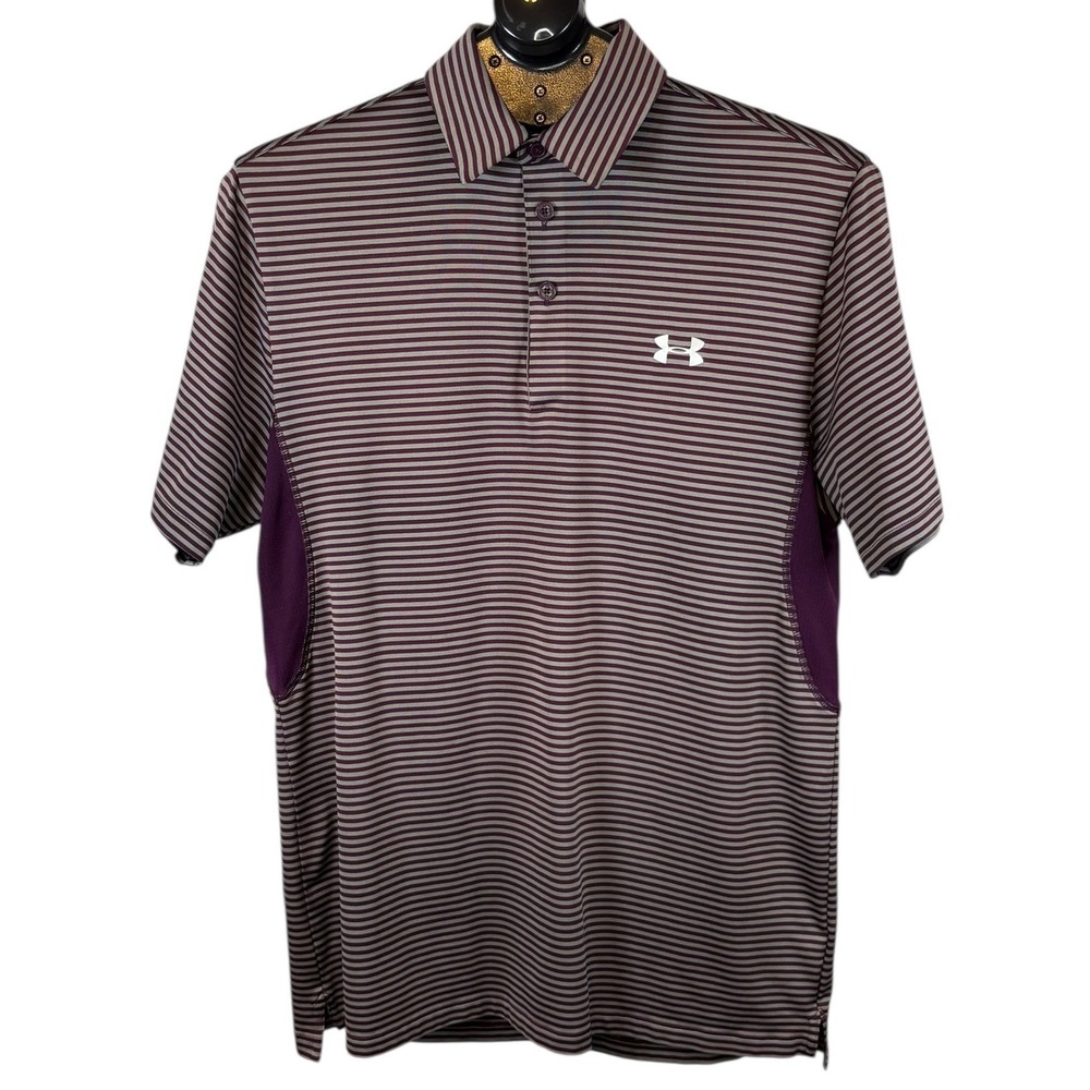 Under Armour Mens Coldblack HeatGear Striped Polo Shirt Burgundy Grey Medium